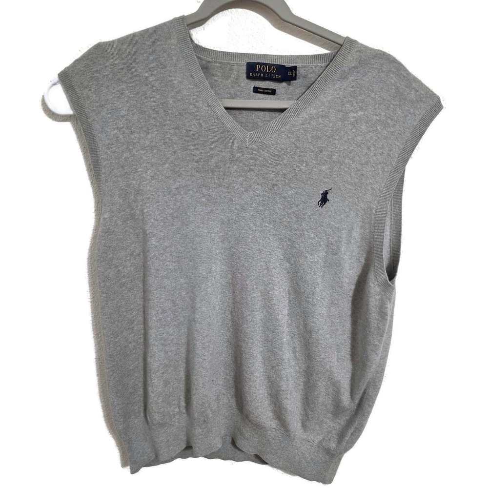 Polo Ralph Lauren Sweater Vest Mens 2XL Gray Pima‎ Cotton V Neck Knit Logo